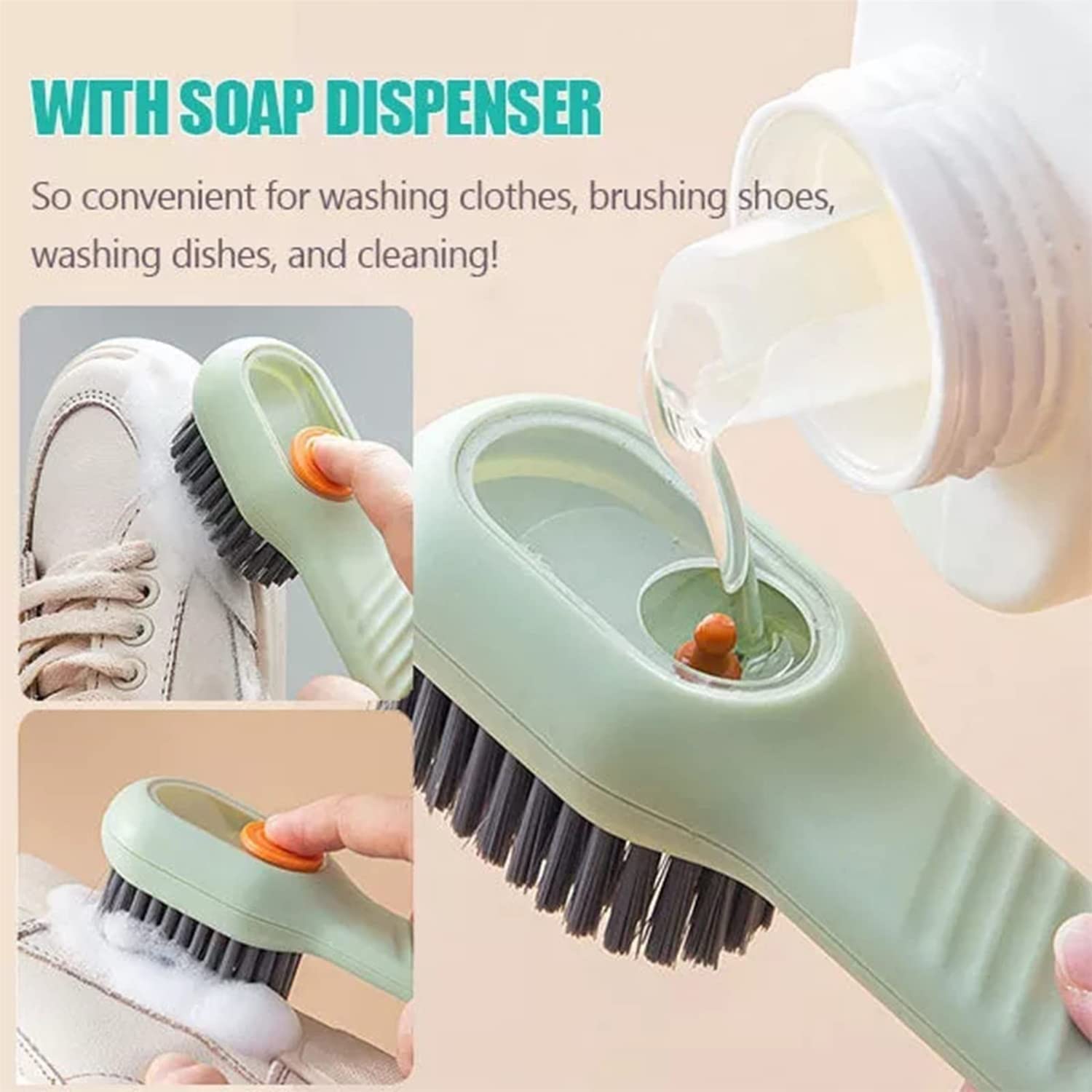 Soap Dispensing Cleaning Brush with Handle – Reusable Scrub Brush for Shoes, Clothes, Kitchen & Bathroom – Refillable Soap Dispenser – Multipurpose Washing Tool (Multicolor)