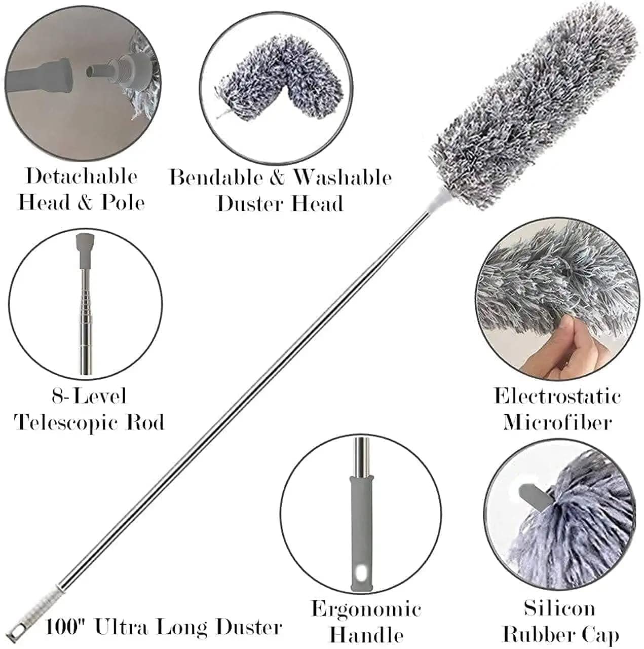 ong Handle Microfiber Feather Fan Ceiling Duster for Dust Cleaning with extendable Pole 100 Inch with Anti Scratch Bendable Brush for Cleaning High roof Cobweb Stick | Grey
