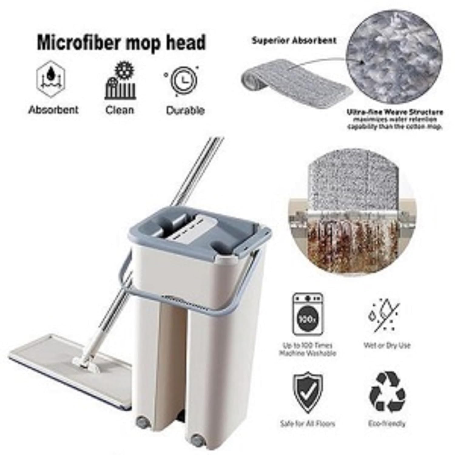 Mop Heavy Quality Floor Mop with Bucket, Flexible Kitchen Tap Flat Squeeze Cleaning Supplies, 360° Flexible Quiet reusable Pads, Microfiber, Adjustment Office Home Effective