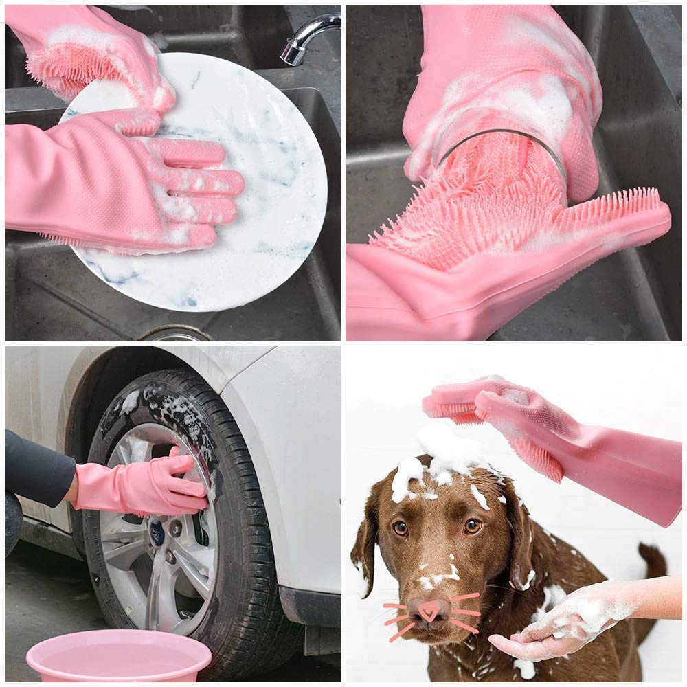 Gloves Magic Silicone Dish Washing Gloves, Silicon Cleaning Gloves, Silicon Hand Gloves for Kitchen Dishwashing and Pet Grooming, Great for Washing Dish, Car, Bathroom